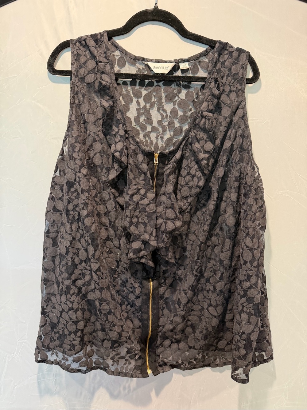 Avenue Black Sheer Floral Lace Ruffle Zip Top 30/32
